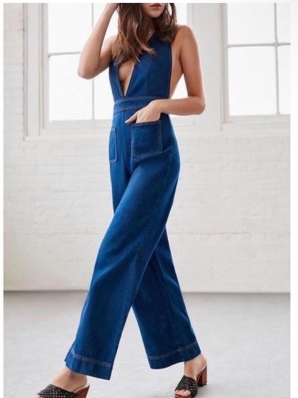 Uo Bdg Blue Wide-Leg Denim Jumpsuit With Front Pockets